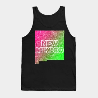 Colorful mandala art map of New Mexico with text in pink and green Tank Top